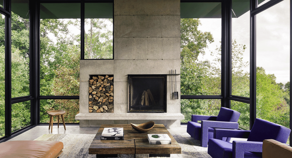 Blue Ridge House by Olson Kundig Architects living room purple chairs